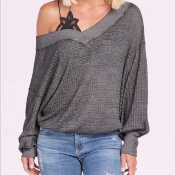 FREE PEOPLE Womens Burnout Off Shoulder Long Sleeve Waffle Knit Thermal Top XS - Picture 6 of 13